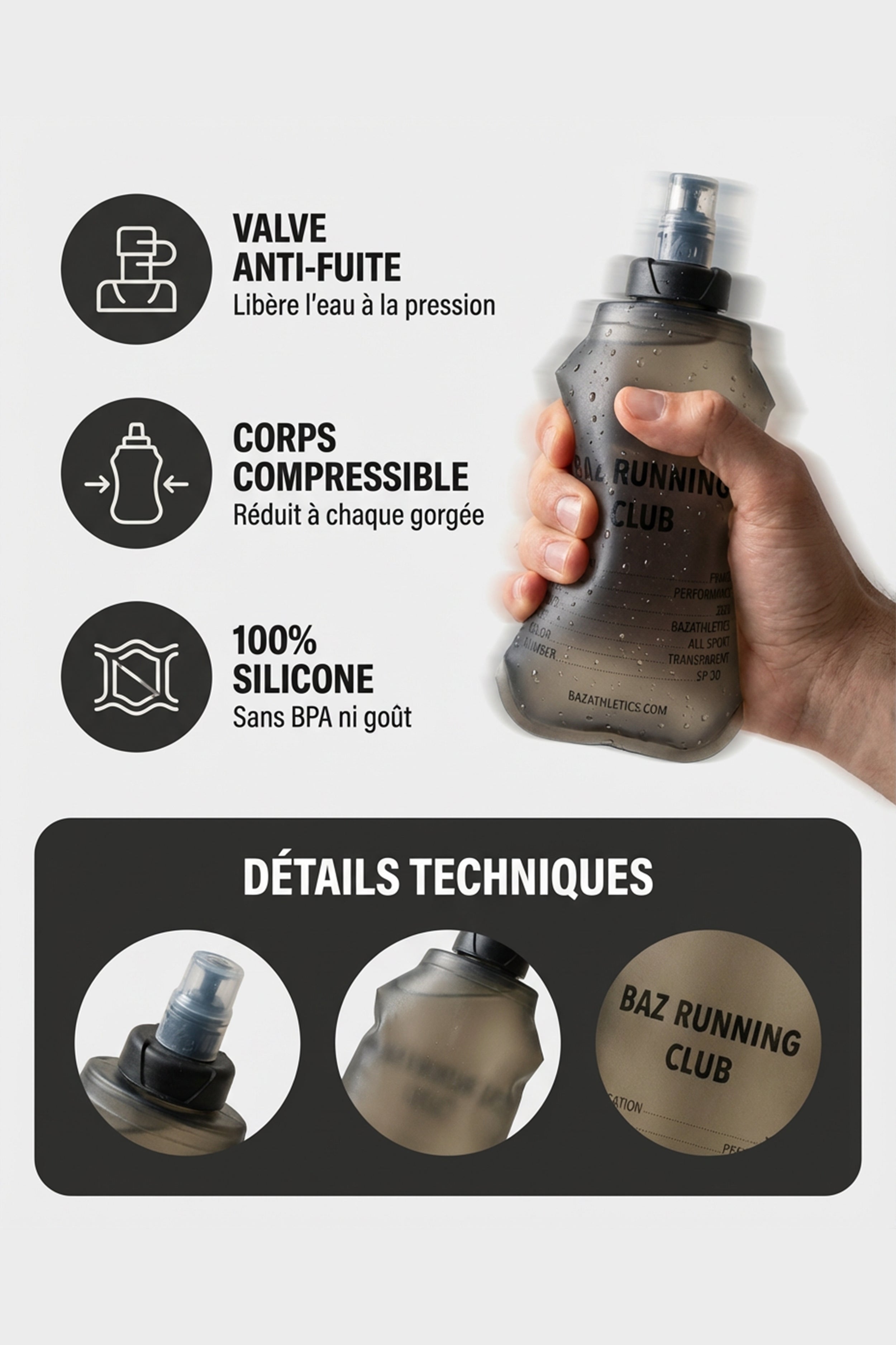 flasque running souple valve anti-fuite corps compressible silicone 250ml