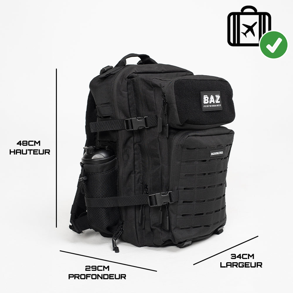 Dimensions du sac à dos tactique 45L Baz Athletics – 48cm x 34cm x 29cm, compatible format cabine avion