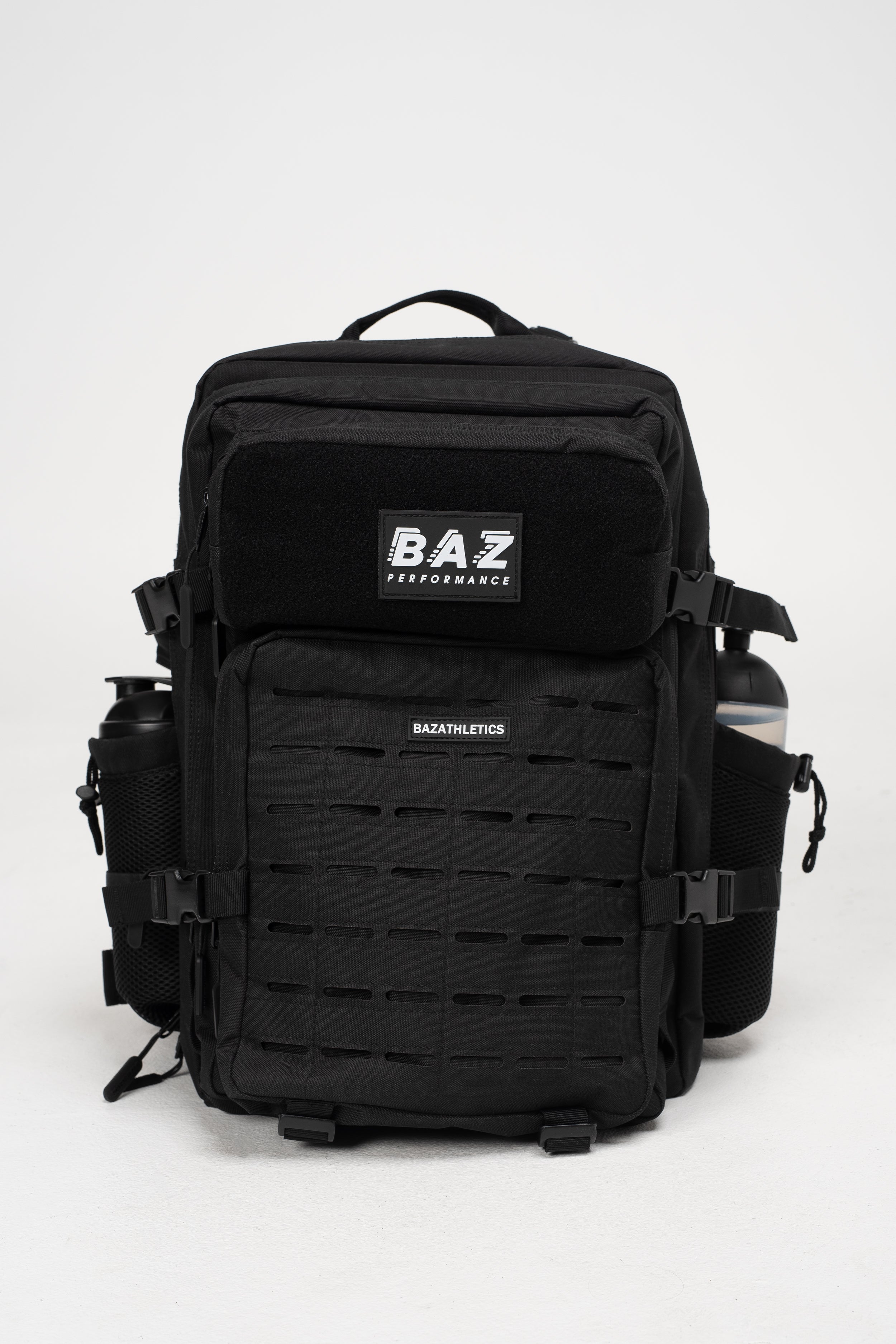 Sac tactique noir Baz Athletics vu de face sur fond blanc – format cabine et volume optimisé
