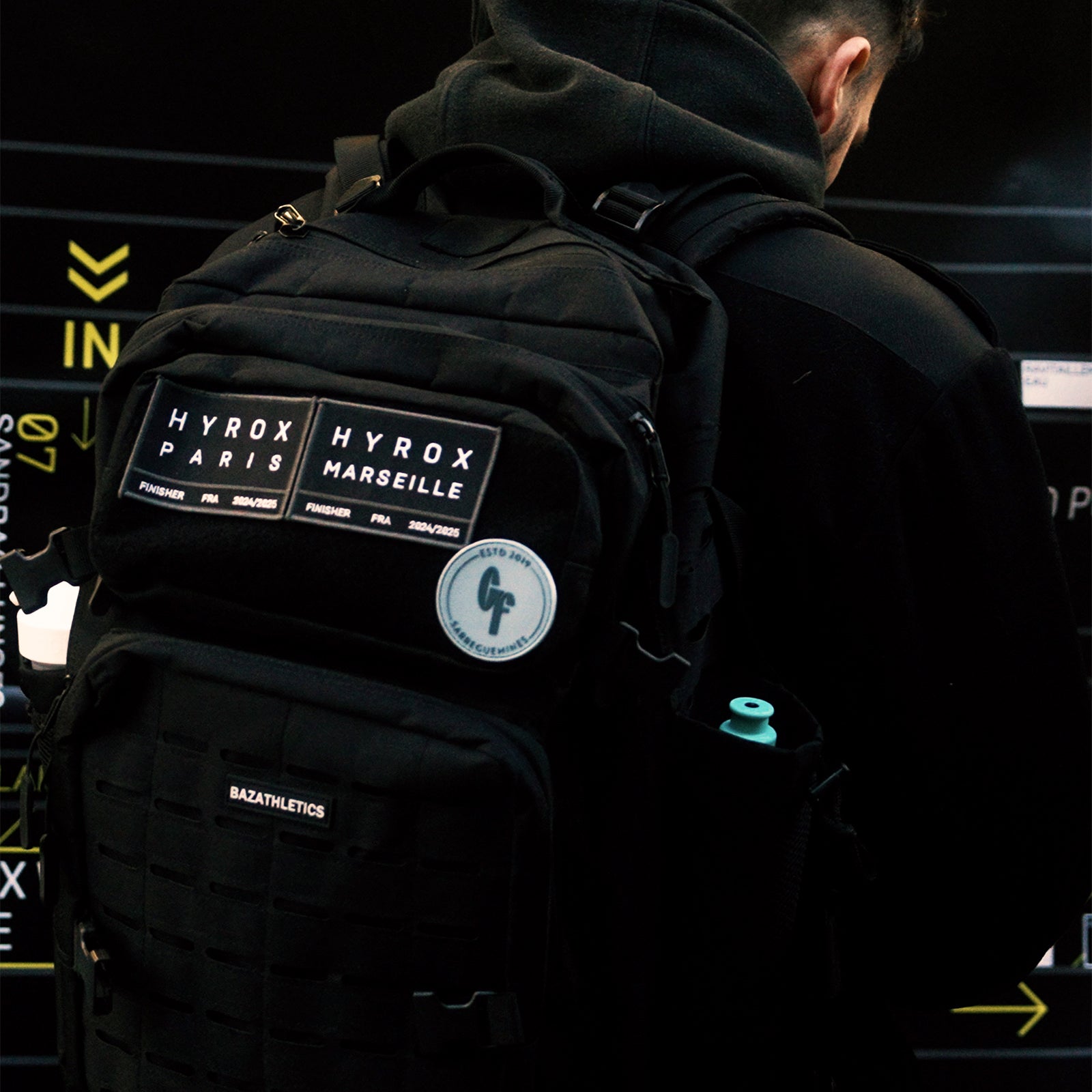 sac tactique 45L noir Baz Athletics utilisé en compétition HYROX – compartiments MOLLE et grande capacité