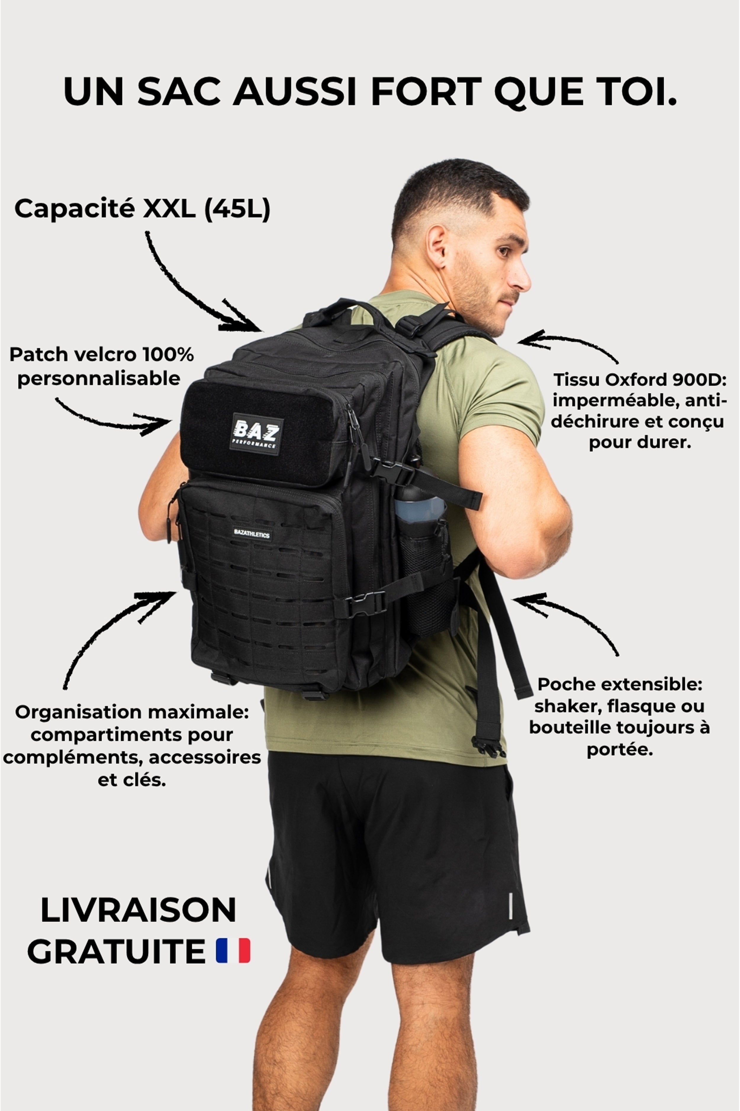 Sac à Dos Tactique - Noir (45L)